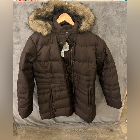 Eddie Bauer Chocolate Brown Goose Down 700 Fill coat faux fur brimmed hood - Picture 2 of 5